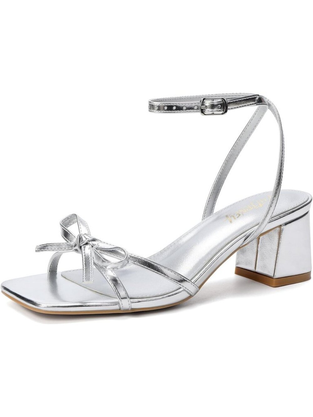 Women's Silver Square Open Toe Bow Strappy Block Chunky Stylish Low Heels Sandal